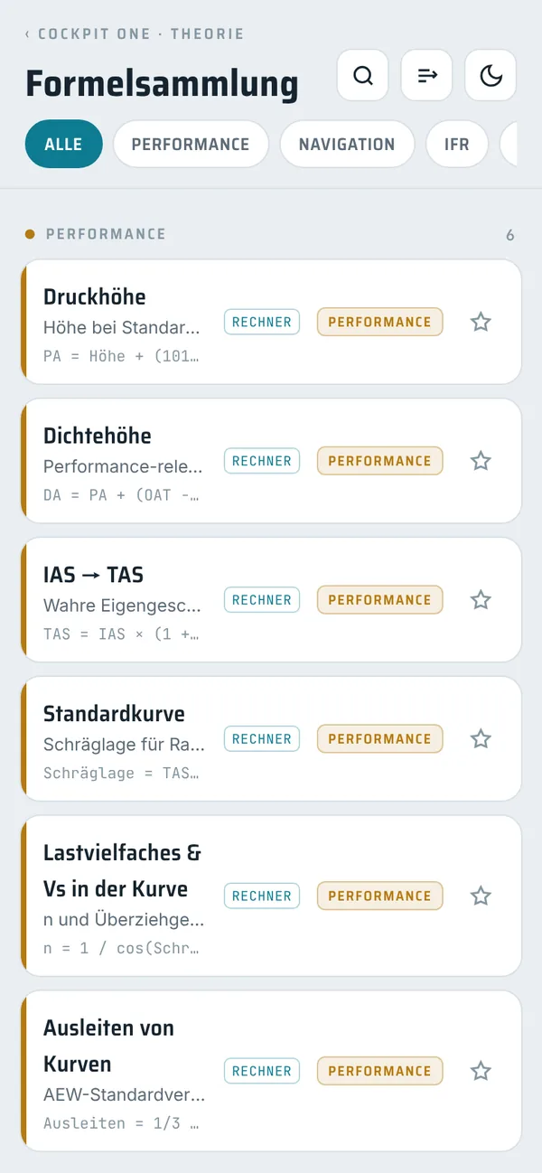 Cockpit One: Formelsammlung im Tagmodus